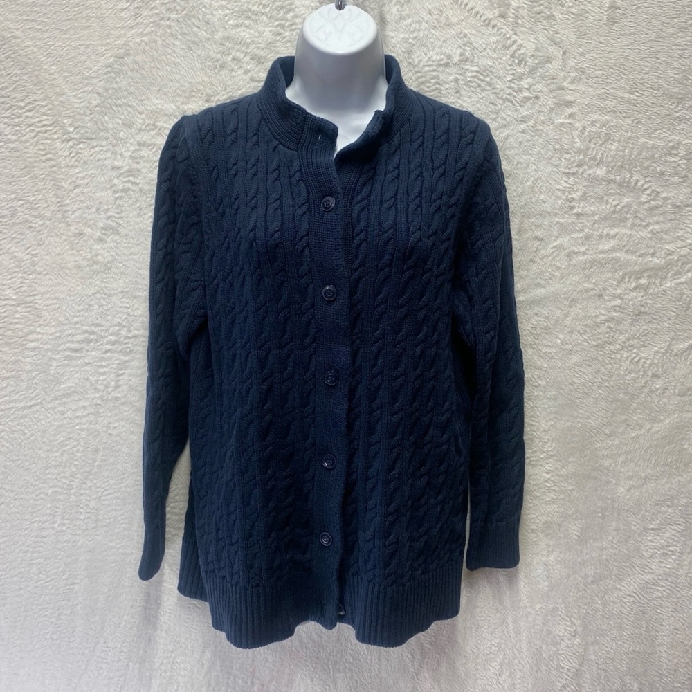 L.L.Bean Classic Navy Cable Knit Women's Fisherman Cardigan Sweater